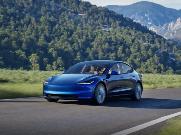 Blue Tesla Model 3 Highland on the road