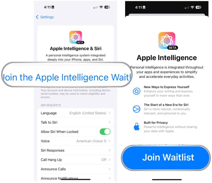 Select Join Apple Intelligence Waitlist, then Join Waitlist.