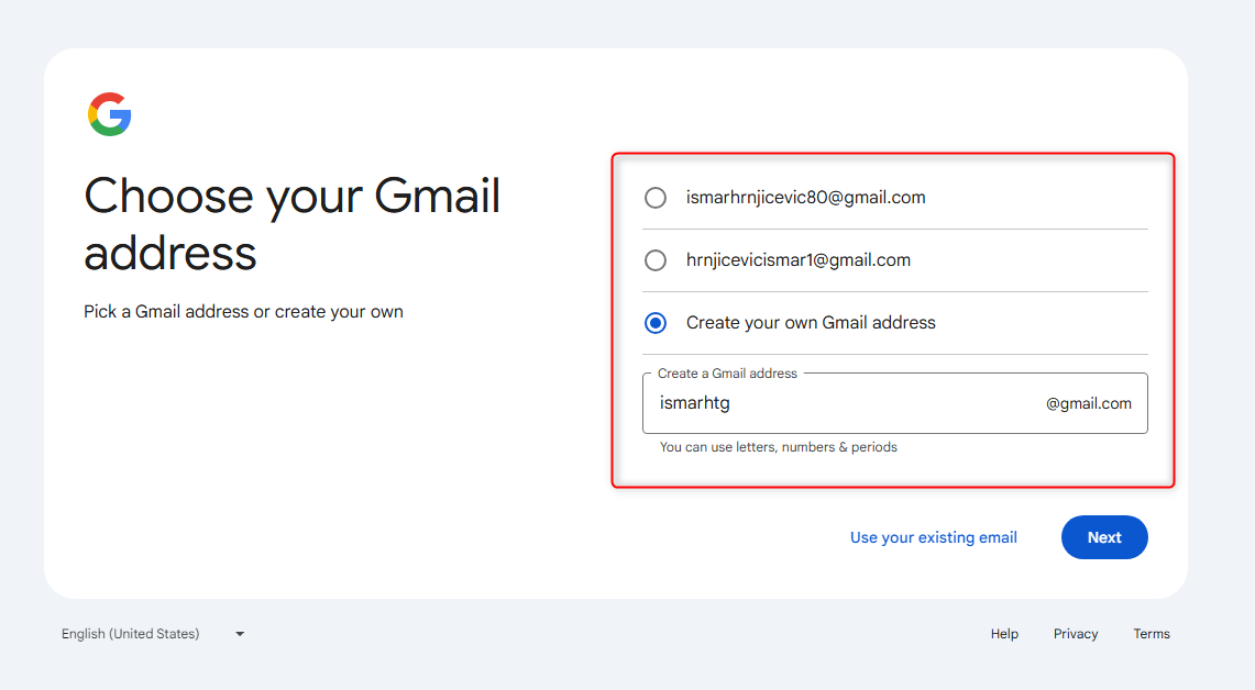 The "Choose your Gmail address" screen.