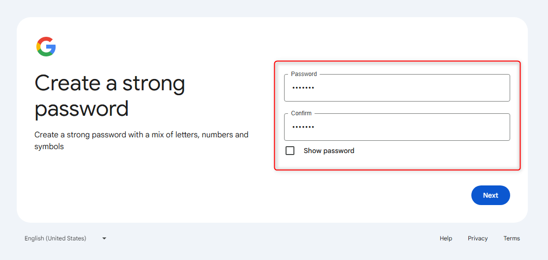 The "Create a Strong Password" screen.