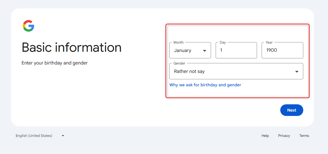 Adding birthday and gender in Google's "Create an Account Page."