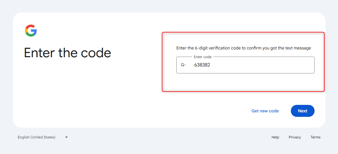 Entering the six-digit verification code to confirm a phone number in Google's account creator.