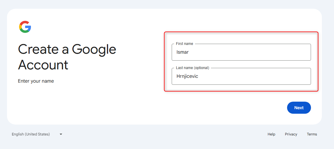 Adding the first and last name on the "Create a Google Account" page.