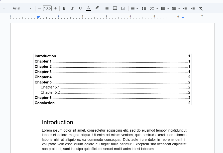 An example of a table of contents in Google Docs.