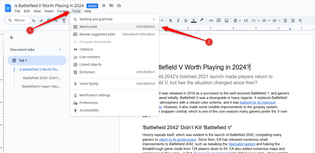 Google Docs with the Tool sub-menu expanded and the "Word Count" option highlighted.