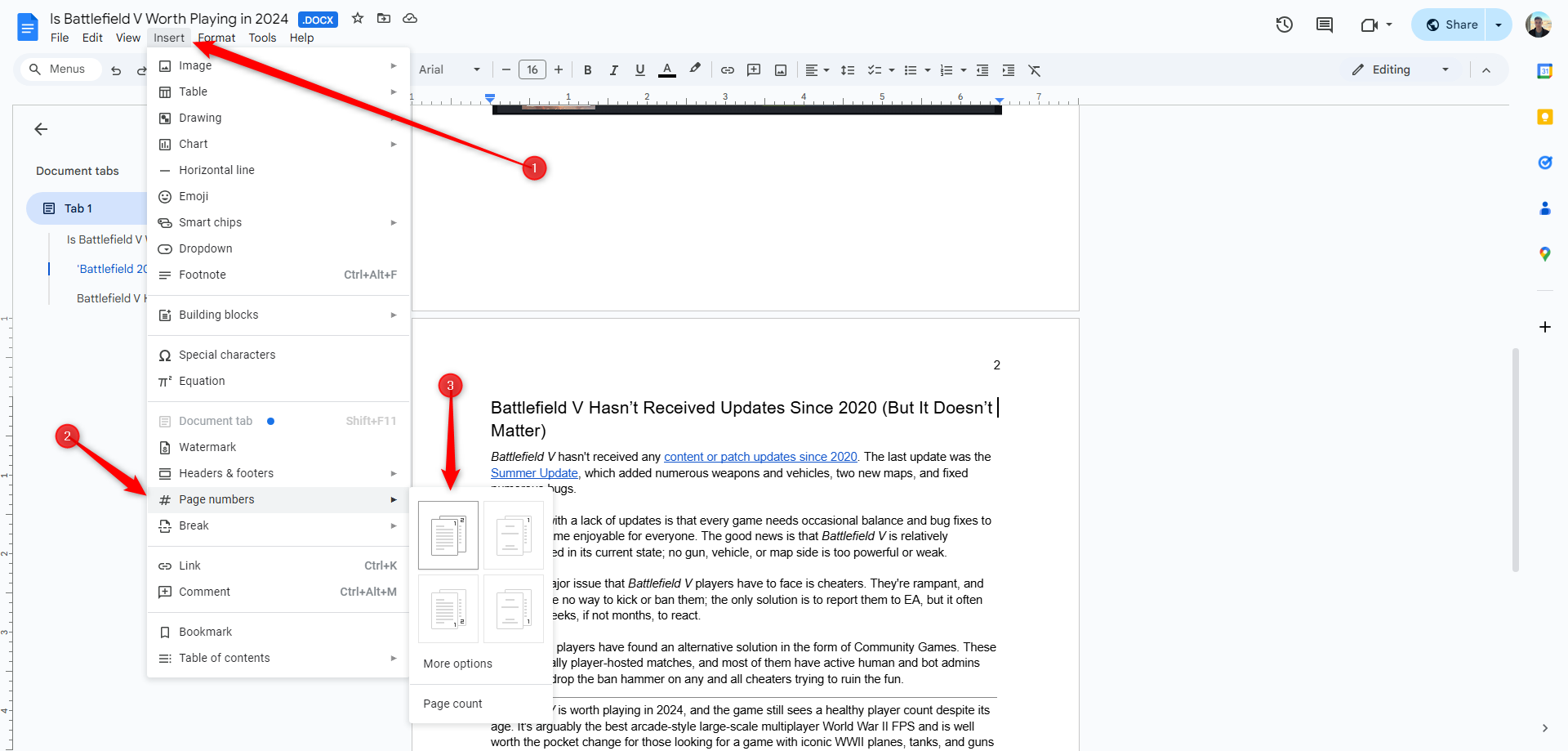 Enabling the page number in Google Docs.