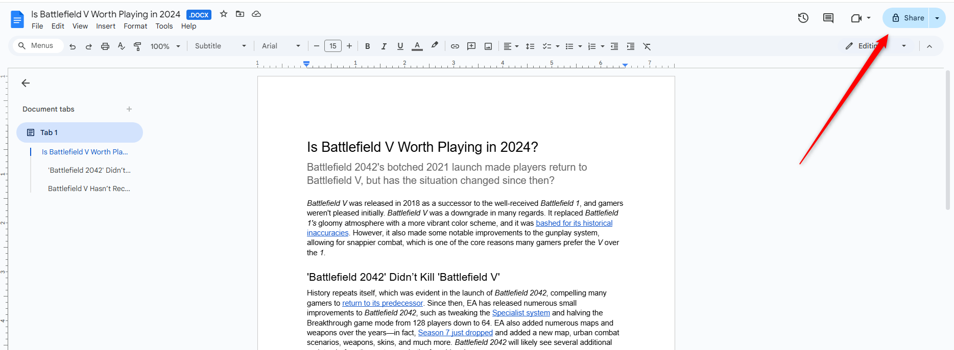 A document open in Google Docs.