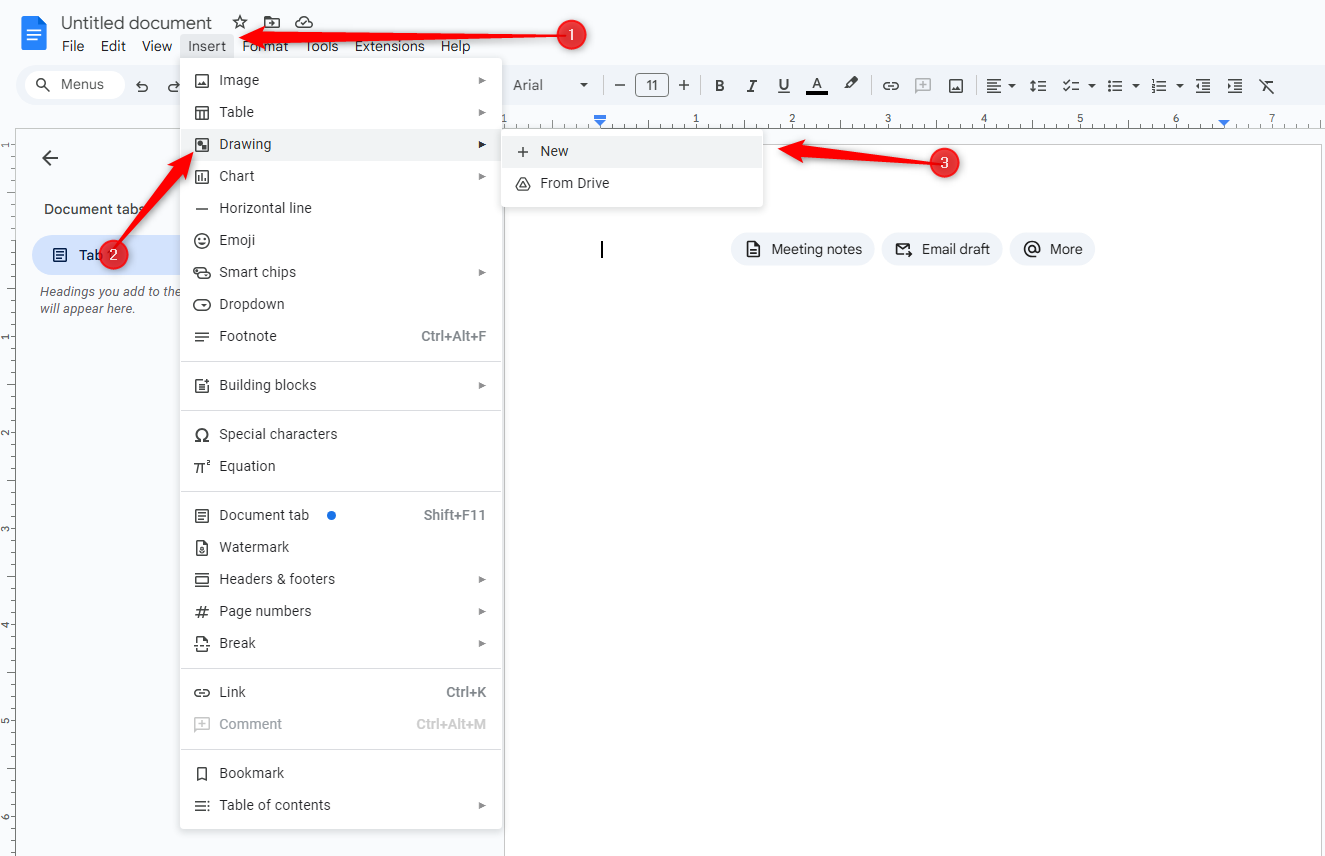 Google Docs with the "Insert" menu open and "Drawing" sub-menu expanded.