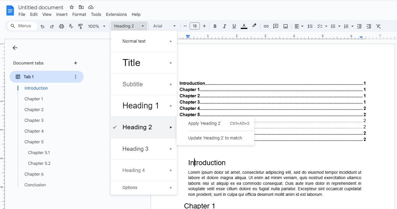 Formatting text as a heading in Google Docs.