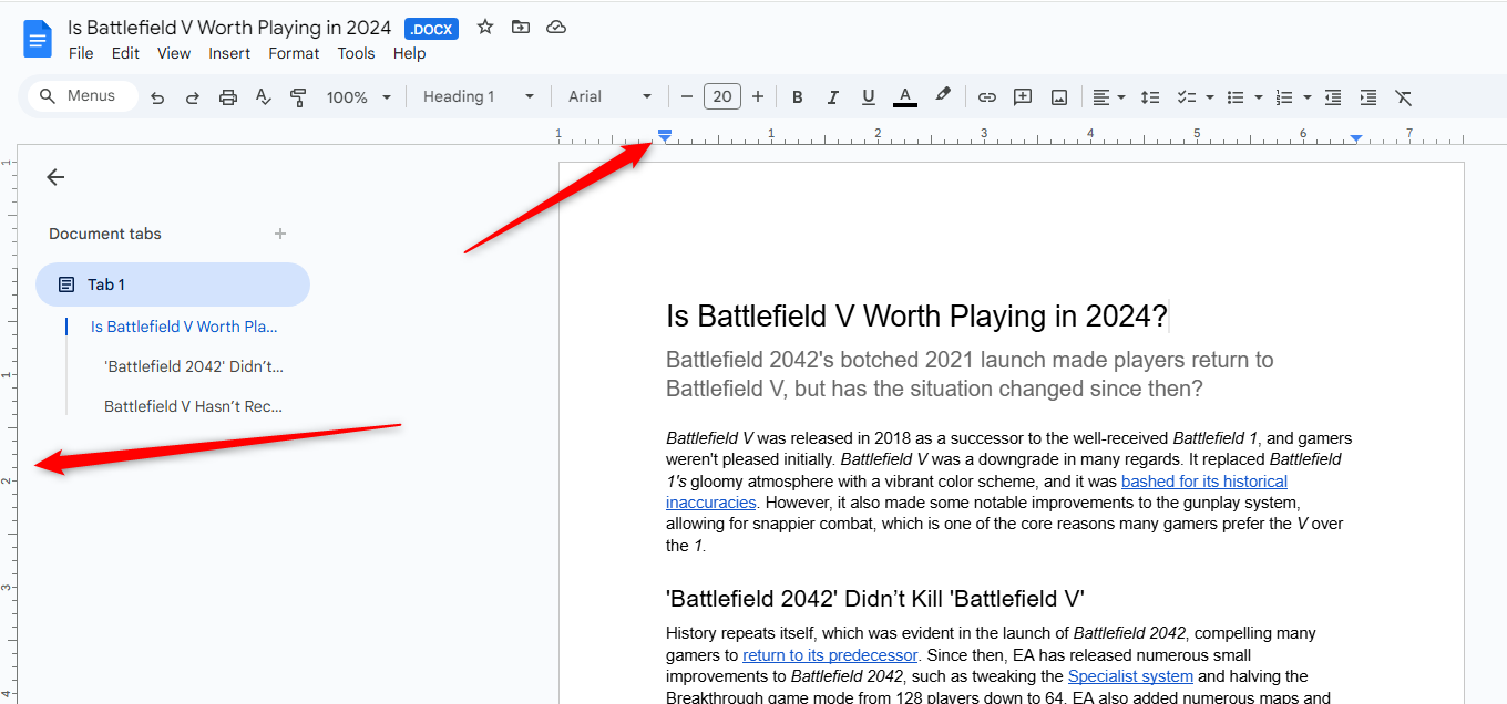 A document opened in Google Docs with the margins set to default.