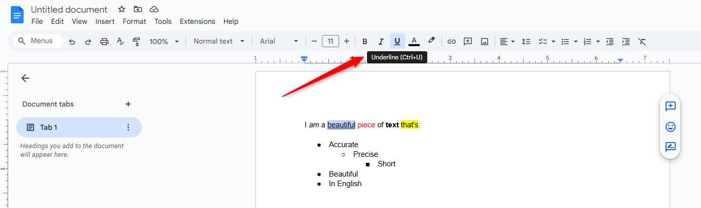 The toolbar in Google Docs with the "Underline" option highlighted.