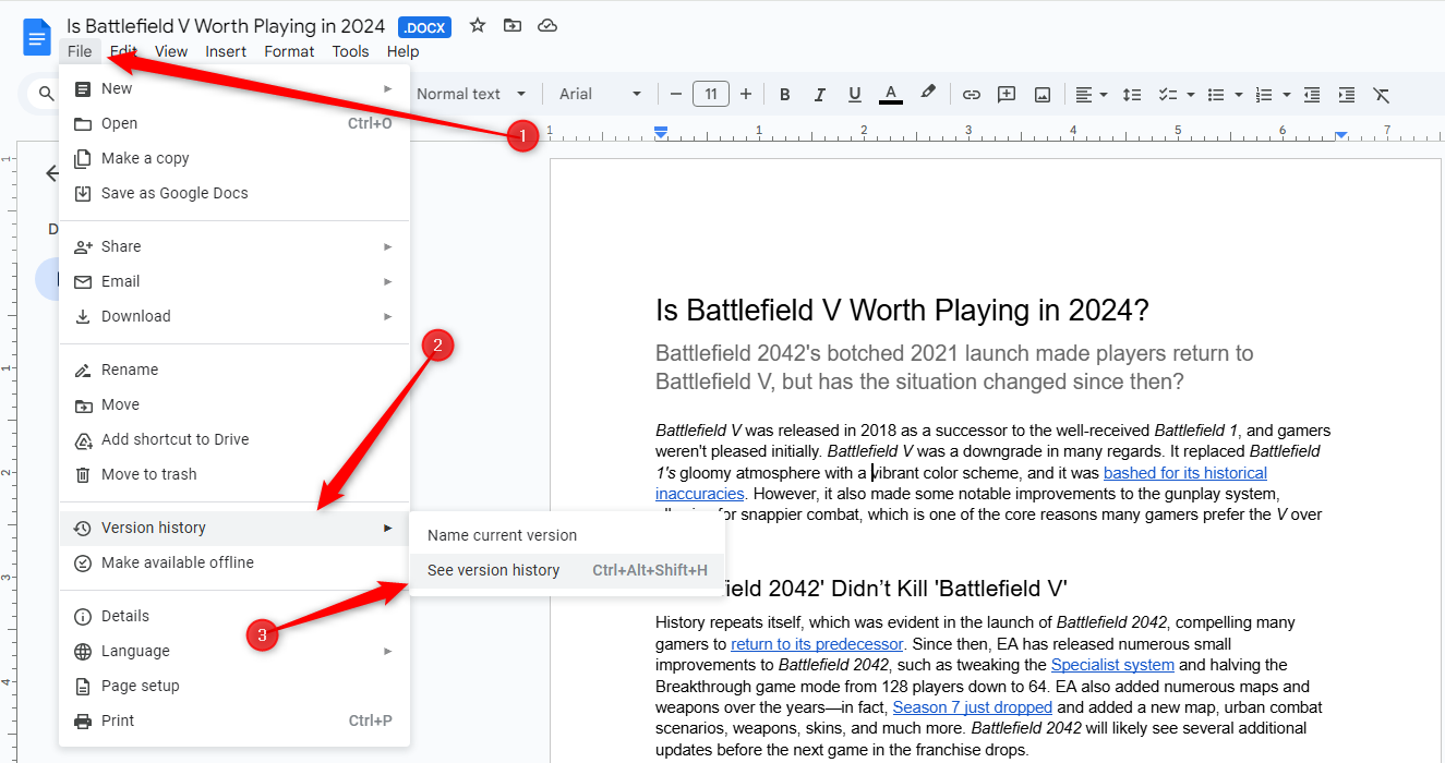 The File drop-down menu opened in Google Docs, with the "See Version History" option highlighted.