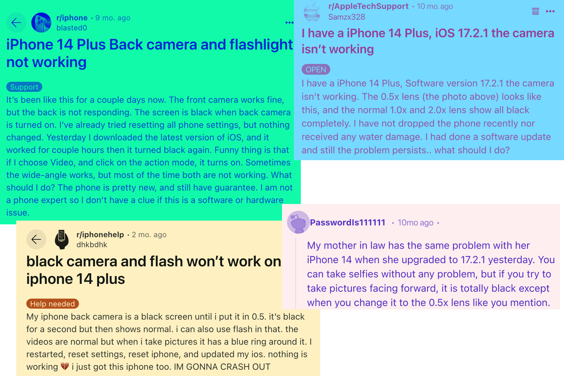 Complaints regarding iPhone 14 Plus camera on Reddit.