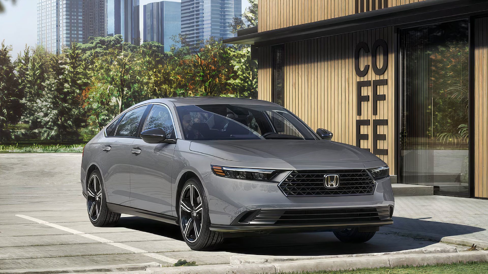 A gray 2024 Honda Accord Hybrid midsize hybrid car. 