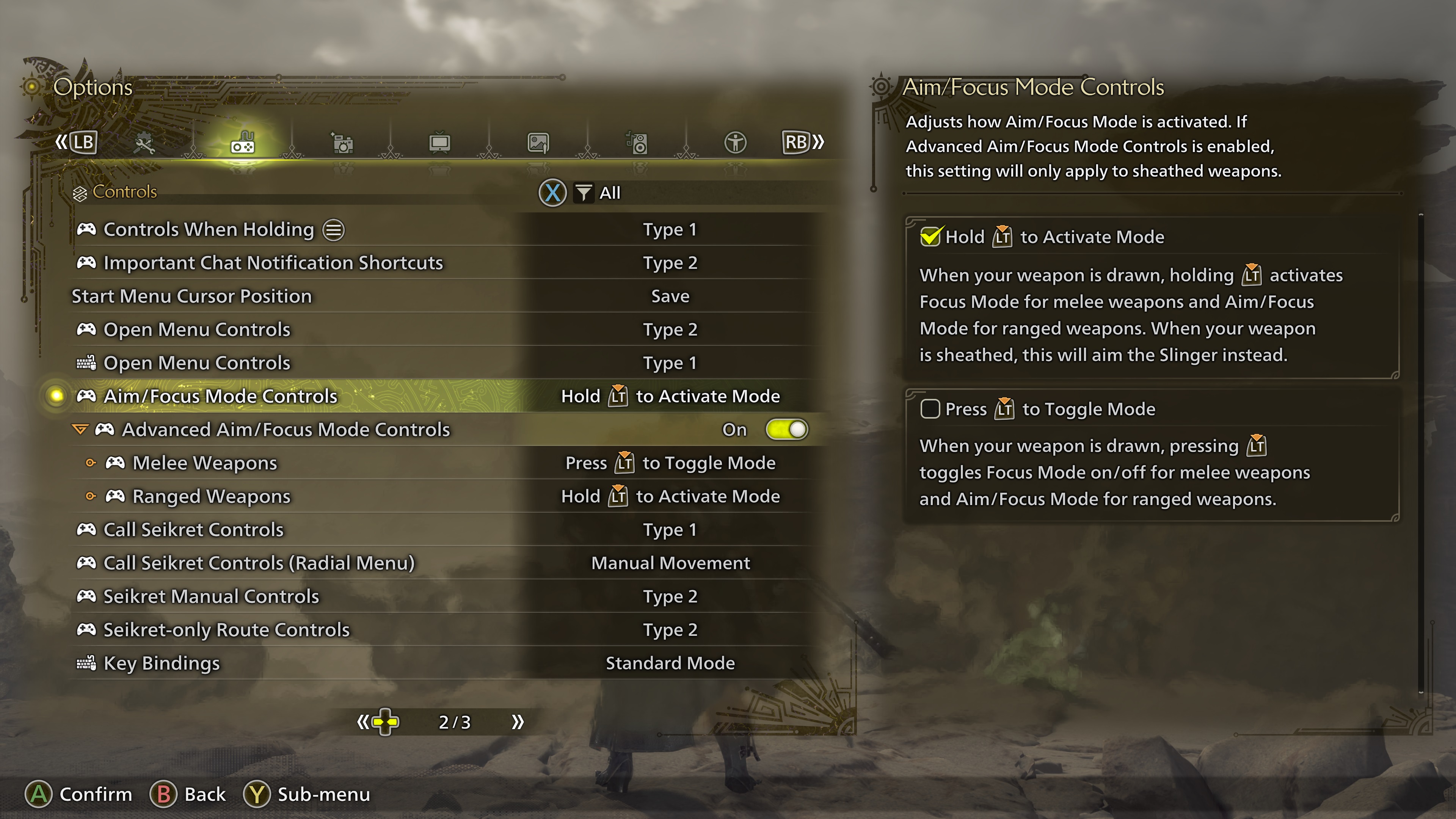 In-game screenshot of the Focus Mode activation options in Monster Hunter Wilds