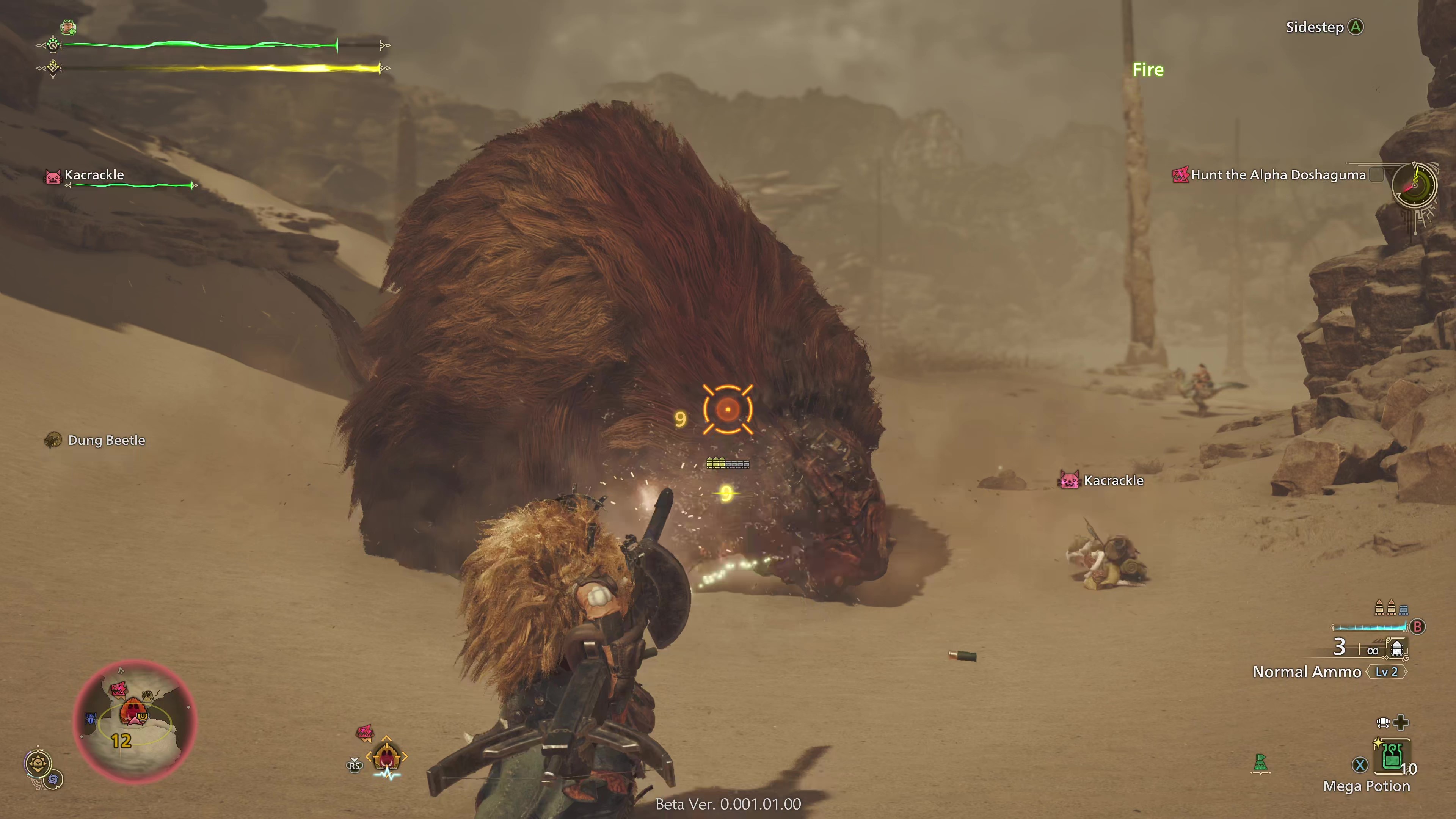 In-game screenshot of a player shooting a Doshaguma with the Heavy Bowgun in Monster Hunter Wilds.