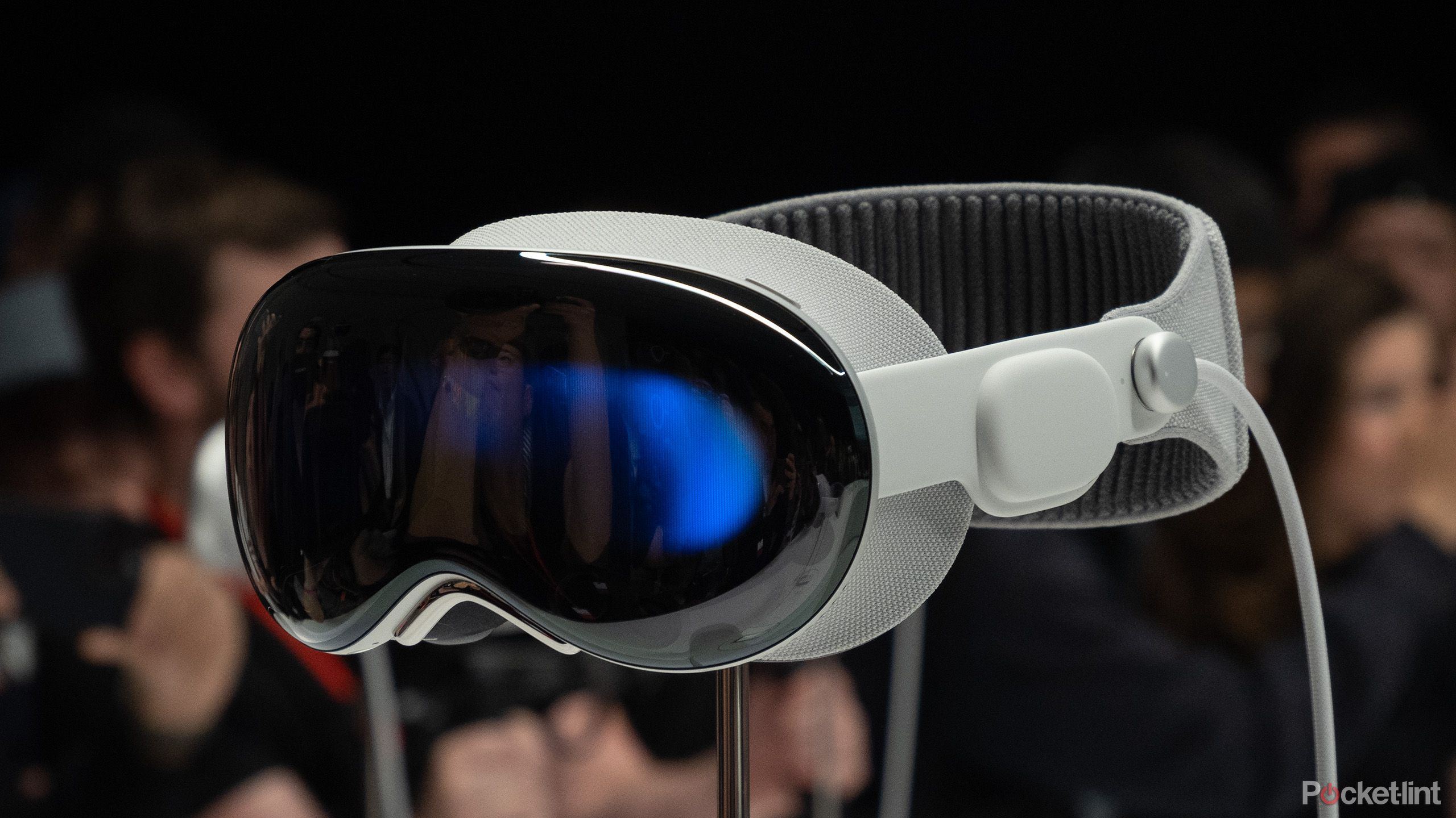 Apple's Vision Pro AR/VR headset on a stand