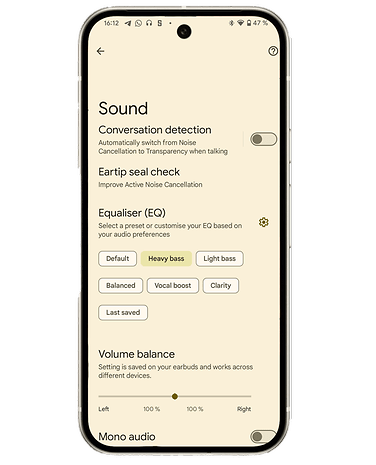 Settings for Google Pixel Buds Pro 2 showing sound options like EQ and call detection.