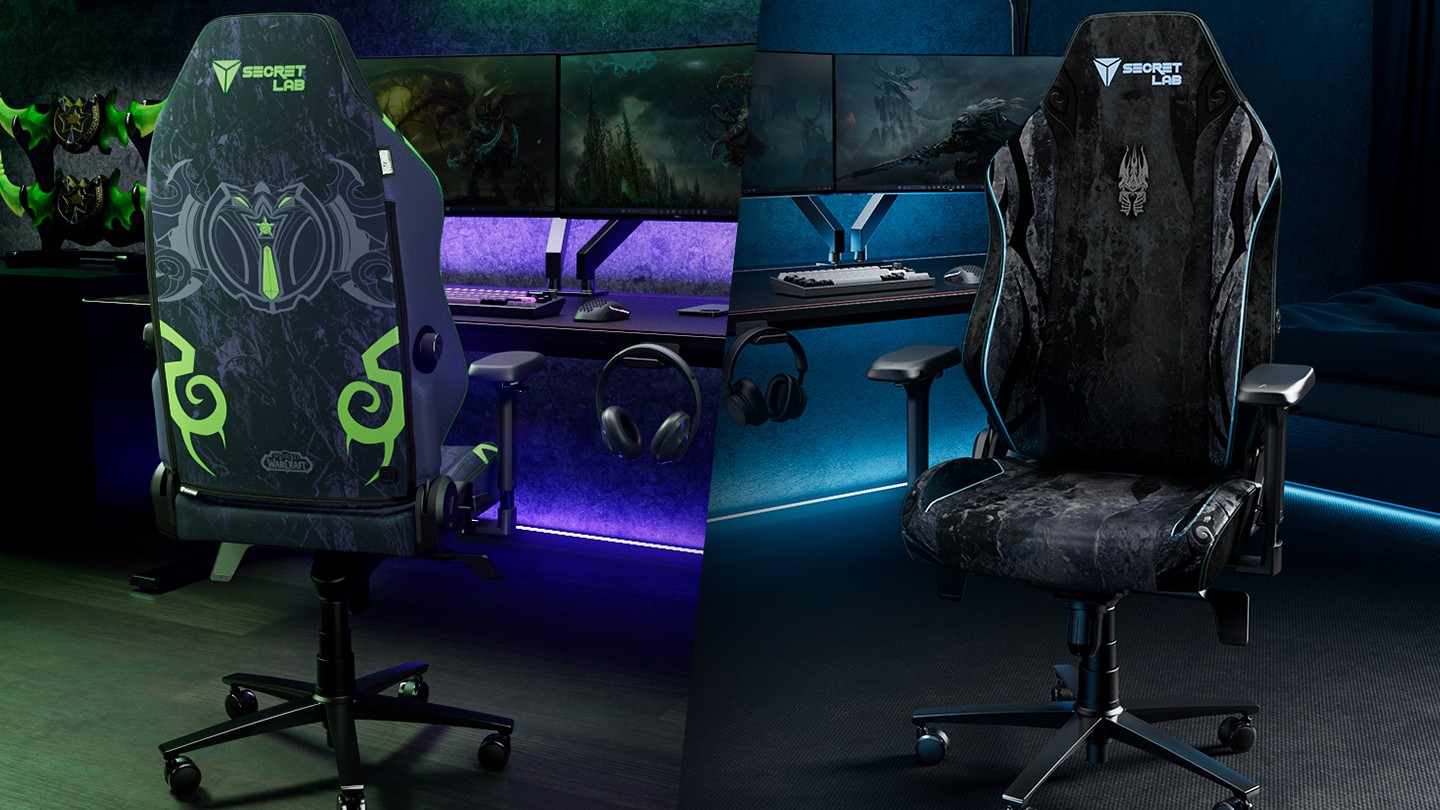 Two Secretlab TITAN Evo chairs with the SKINS Lite designs for the Lich King and Illidan Stormrage from World of Warcraft installed.