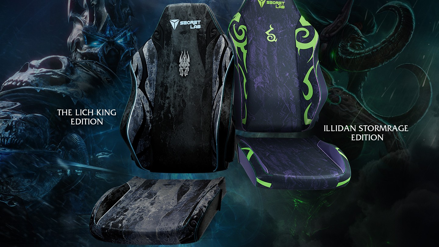 The Secretlab SKINS Lite designs for the Lich King and Illidan Stormrage from World of Warcraft.