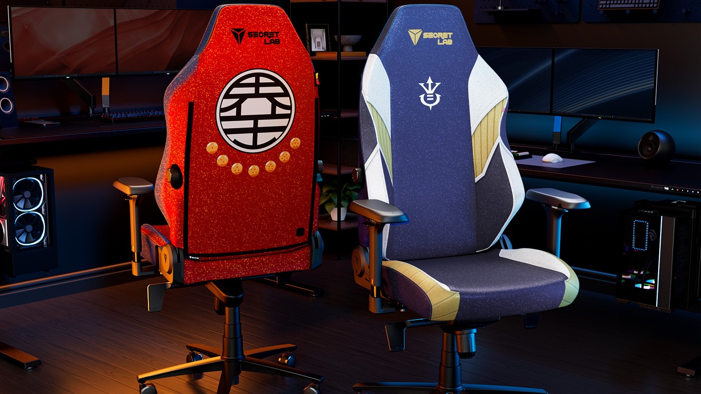 Two Secretlab TITAN Evo chairs with the SKINS Lite designs for Goku and Vegeta from Dragonball installed in an orange and blue room.