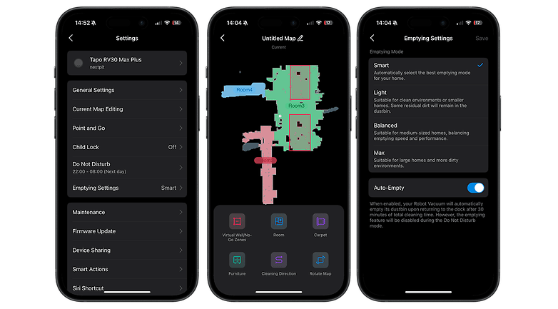 Mobile app interface for Tapo RV30 Max Plus showing settings, map, and emptying options.