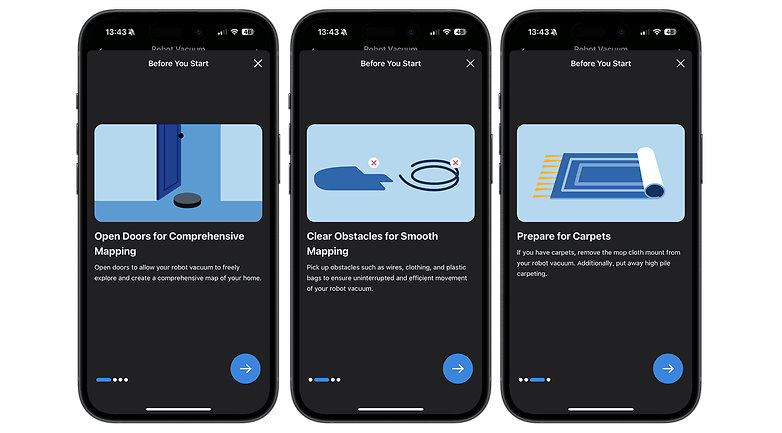 Three smartphone screens displaying setup instructions for the Tapo RV30 Max Plus robot vacuum.