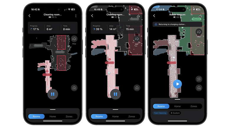 Screenshots of the Tapo RV30 Max Plus app showing cleaning progress and area maps.