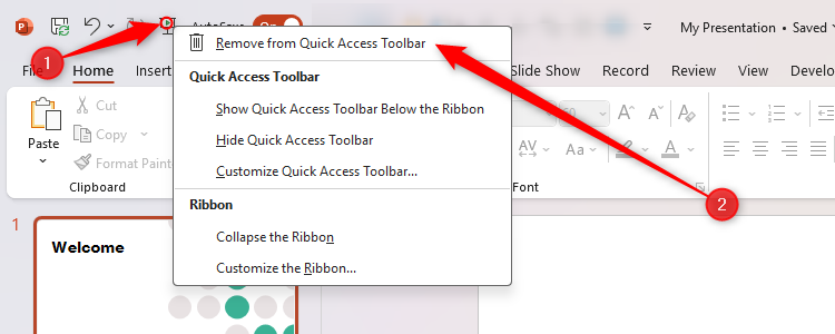 The Remove From Quick Access Toolbar button in Microsoft PowerPoint.