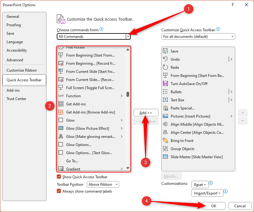 The QAT tab in the PowerPoint options menu, with the different commands highlighted, and the Add and OK buttons selected.