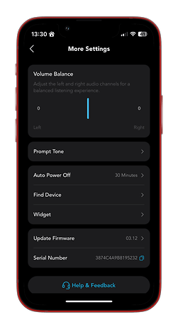 Settings screen of the Soundcore Aerofit 2, showing volume balance and other options.