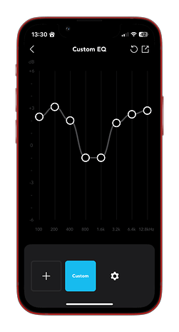 Custom EQ settings with a graph and adjustable buttons.