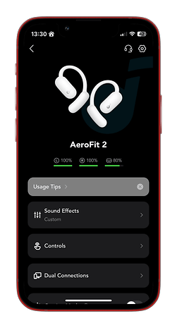 The Soundcore AeroFit 2 app with the battery levels of the earphones and usage tips.