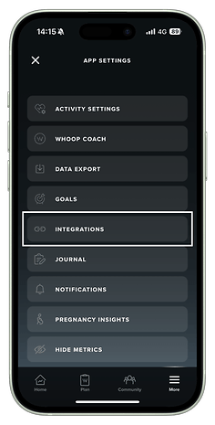 Whoop app settings screen showing 'Integrations' option highlighted.