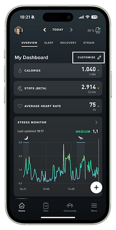 Whoop app dashboard displaying user stats: calories, steps, heart rate, and stress monitor graph.