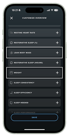 A smartphone screen displaying the Whoop app's customize overview with options for lean body mass and weight.