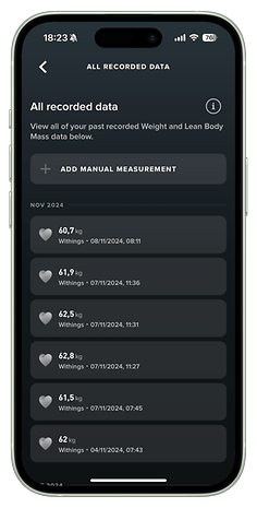 Whoop app interface displaying recorded weight and body mass data from Withings scale.