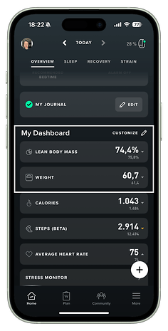 Whoop app dashboard showing body metrics including lean body mass and weight.