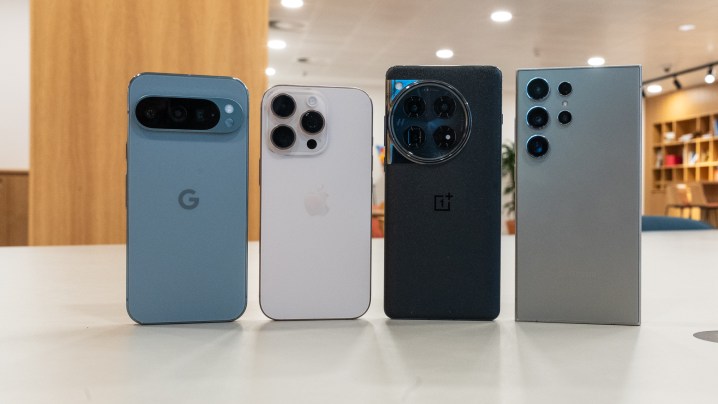 Photo of the rear of the iPhone 16 Pro, Galaxy S24 Ultra, OnePlus 12 and Pixel 9 Pro