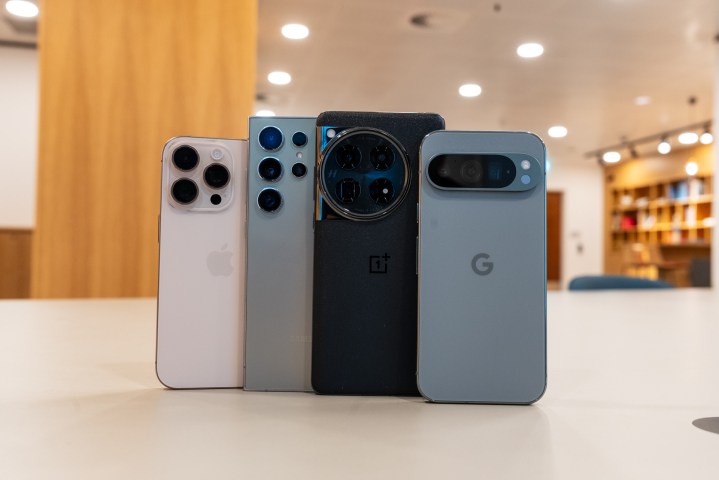 Hero photo of back of the iPhone 16 Pro, Galaxy S24 Ultra, OnePlus 12 and Pixel 9 Pro