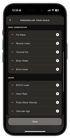 Mobile screen displaying Withings Body Scan options for body composition and heart metrics.