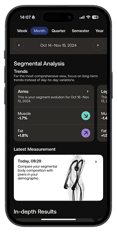 Mobile app interface displaying segmental analysis and body composition trends.