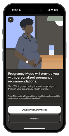 Illustration of a pregnant person with a phone displaying a Pregnancy Mode feature for the Withings app.