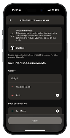 App screen for Withings Body Scan showing personalization options and included measurements.