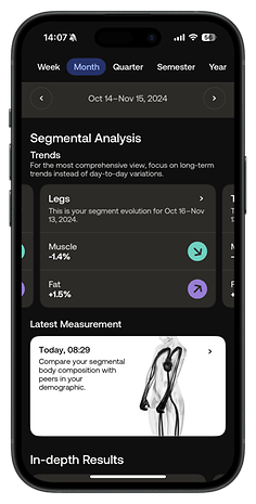 Mobile app interface showing segmental analysis for body composition trends.