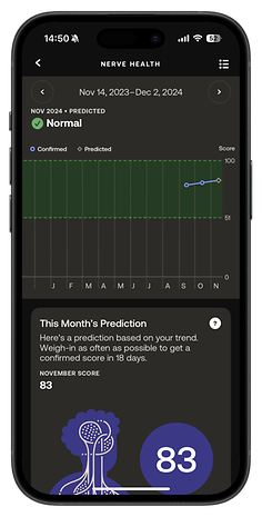 Mobile screen displaying nerve health score prediction and graph, November score is 83.