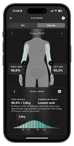 Withings Body Scan app displaying muscle percentage and mass for arms.