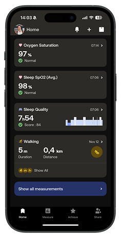 Mobile interface showing health metrics: Oxygen Saturation 97%, Sleep SpO2 98%, Sleep Quality 7h54, Walking 0.4 km.