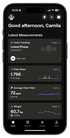 Withings Body Scan app interface displaying health measurements and cycle tracking.