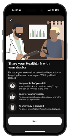 A phone screen shows a doctor and patient sharing health data with privacy assurances.